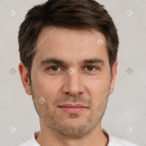 Neutral white young-adult male with short  brown hair and brown eyes