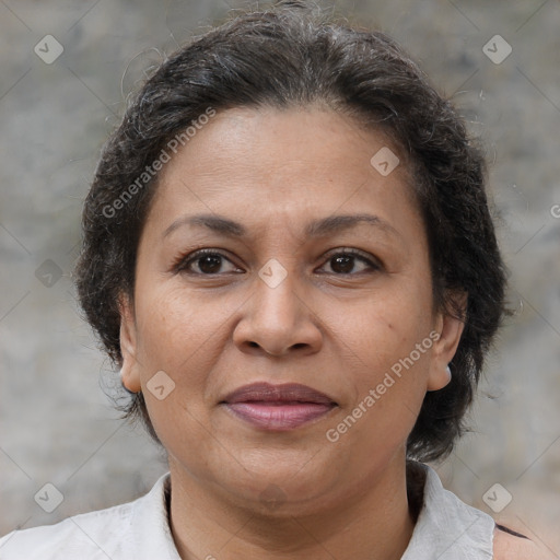 Joyful white adult female with short  brown hair and brown eyes