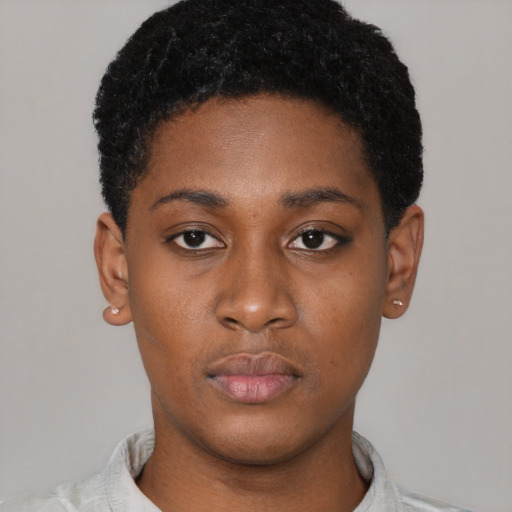 Neutral latino young-adult female with short  black hair and brown eyes