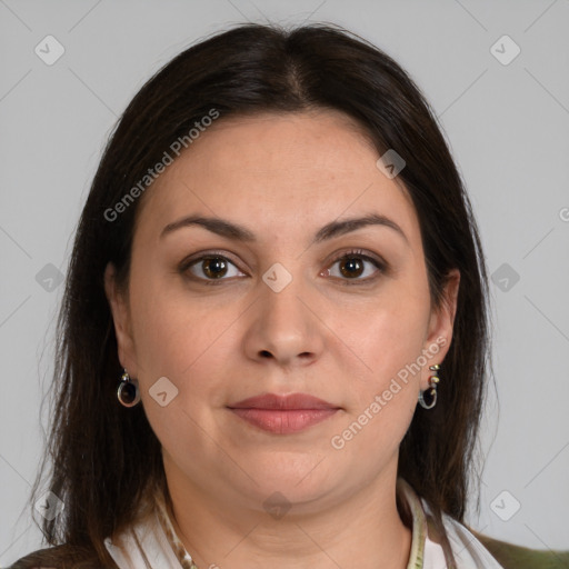 Joyful white young-adult female with medium  brown hair and brown eyes