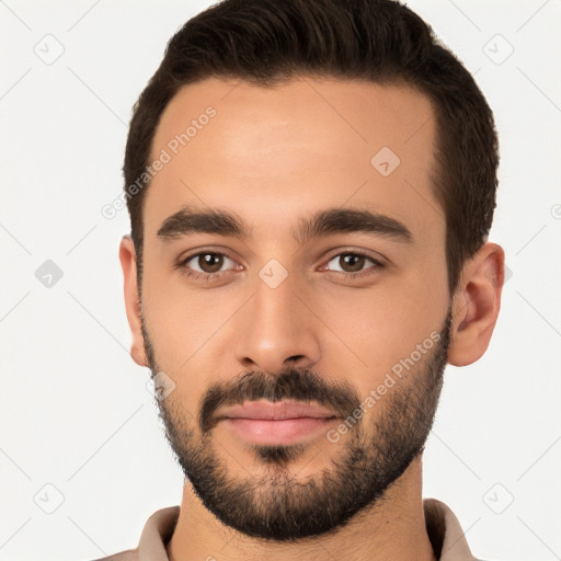 Neutral white young-adult male with short  brown hair and brown eyes