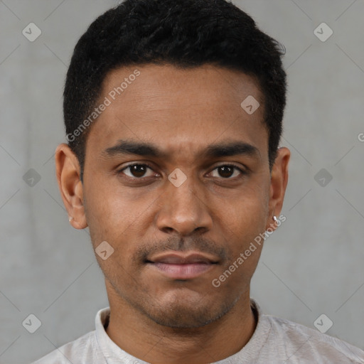 Neutral latino young-adult male with short  black hair and brown eyes