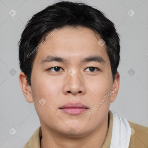 Neutral asian young-adult male with short  brown hair and brown eyes