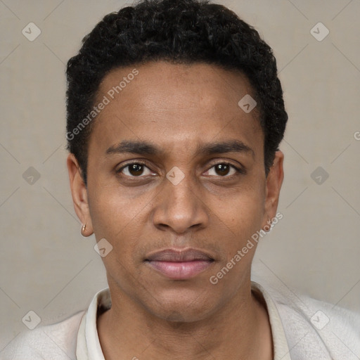 Neutral black young-adult male with short  black hair and brown eyes