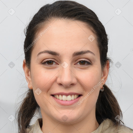 Joyful white young-adult female with long  brown hair and brown eyes