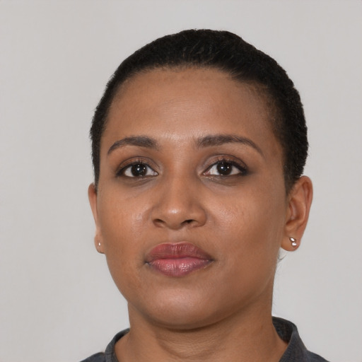 Neutral black young-adult female with short  black hair and brown eyes