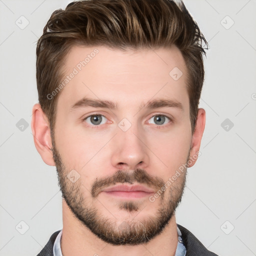 Neutral white young-adult male with short  brown hair and grey eyes