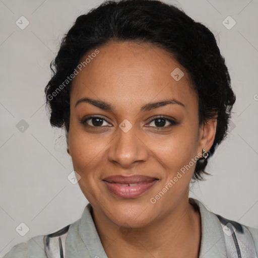 Joyful latino adult female with short  black hair and brown eyes