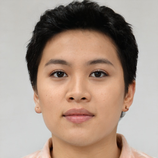 Neutral asian young-adult female with short  black hair and brown eyes