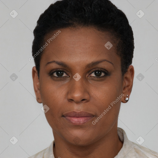 Joyful black young-adult female with short  brown hair and brown eyes