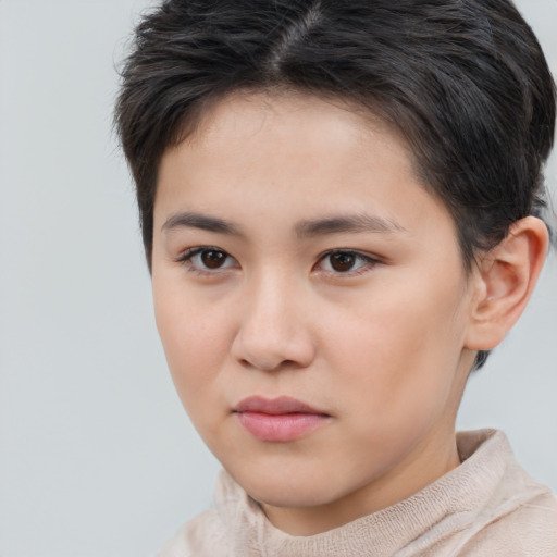 Neutral asian young-adult female with short  brown hair and brown eyes