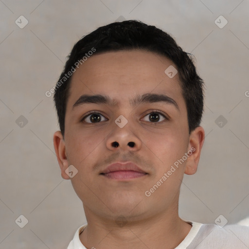 Neutral latino young-adult male with short  black hair and brown eyes