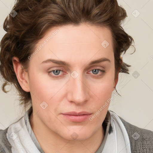 Neutral white young-adult female with medium  brown hair and blue eyes