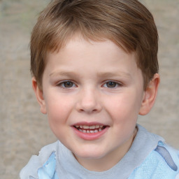 Joyful white child male with short  brown hair and grey eyes