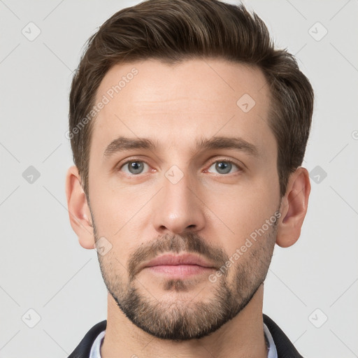 Neutral white young-adult male with short  brown hair and grey eyes