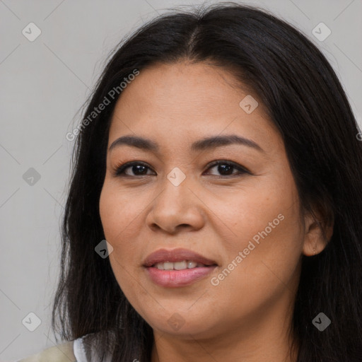 Joyful asian young-adult female with long  brown hair and brown eyes