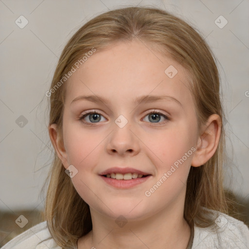 Joyful white child female with medium  brown hair and blue eyes