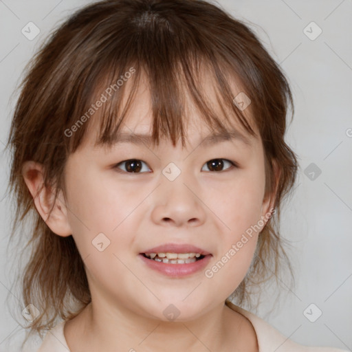 Joyful white child female with medium  brown hair and brown eyes