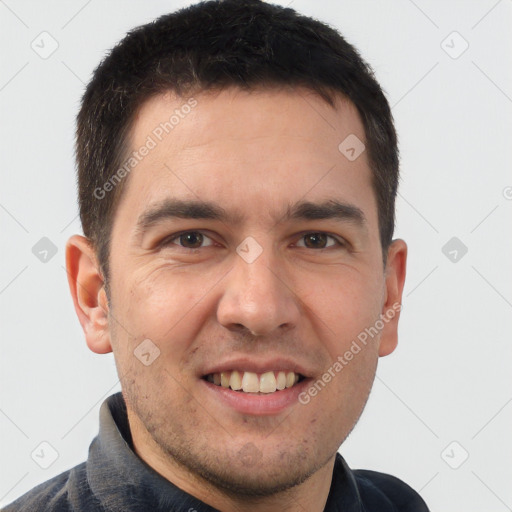 Joyful white young-adult male with short  brown hair and brown eyes