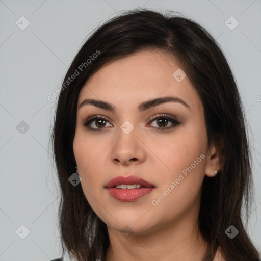 Neutral white young-adult female with long  brown hair and brown eyes