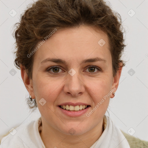 Joyful white adult female with short  brown hair and brown eyes