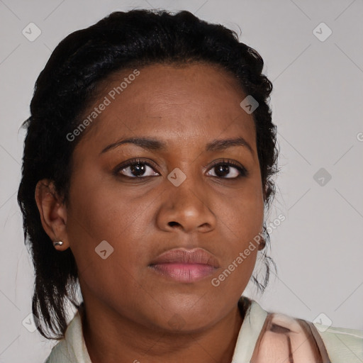 Neutral black young-adult female with medium  brown hair and brown eyes