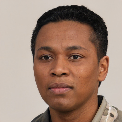 Neutral black young-adult male with short  black hair and brown eyes