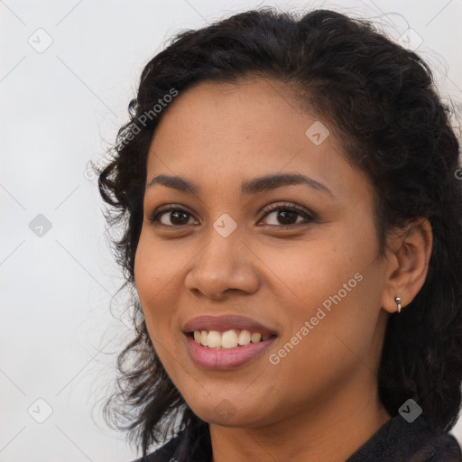 Joyful latino young-adult female with long  brown hair and brown eyes