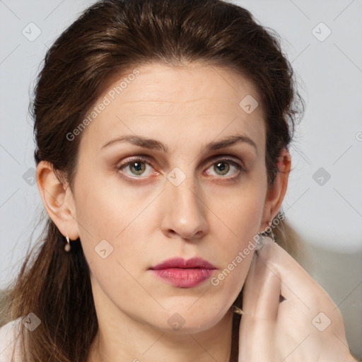 Neutral white young-adult female with medium  brown hair and brown eyes