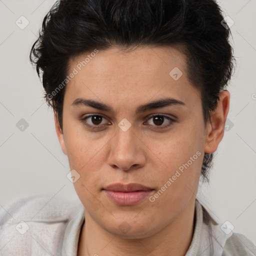 Joyful latino young-adult female with short  brown hair and brown eyes