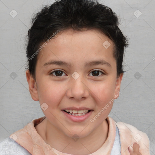 Joyful white child female with short  brown hair and brown eyes