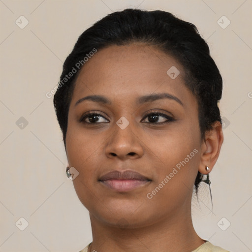 Neutral black young-adult female with short  black hair and brown eyes