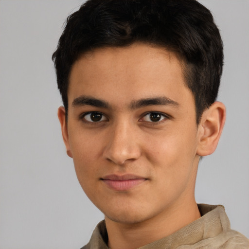 Neutral latino young-adult male with short  black hair and brown eyes