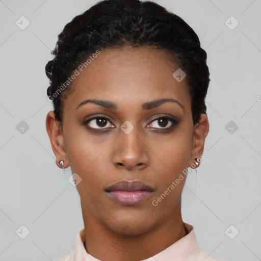 Neutral black young-adult female with short  black hair and brown eyes