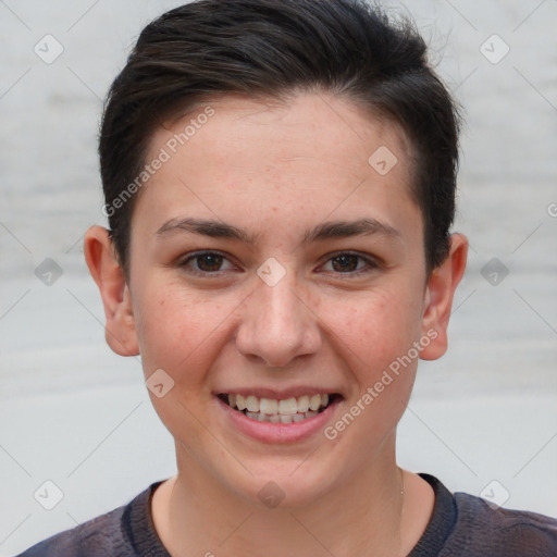 Joyful white young-adult female with short  brown hair and brown eyes