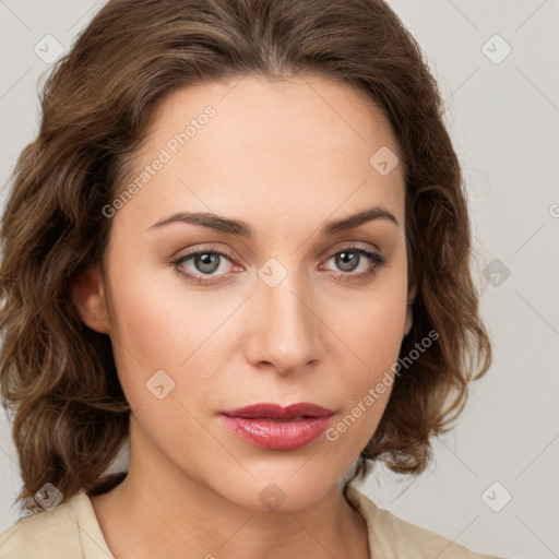 Joyful white young-adult female with medium  brown hair and green eyes