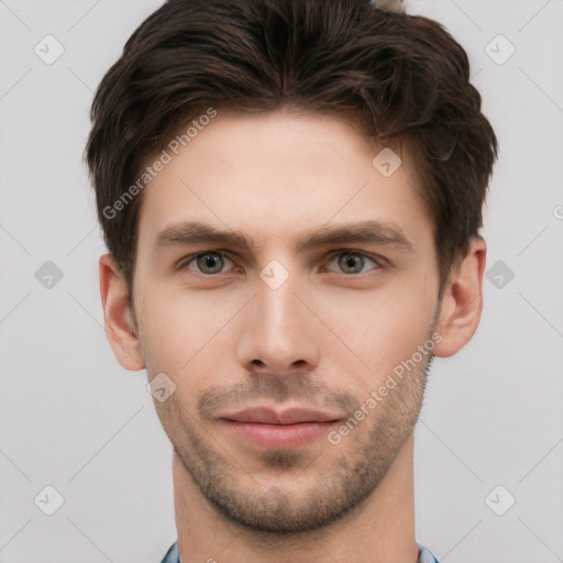 Neutral white young-adult male with short  brown hair and grey eyes