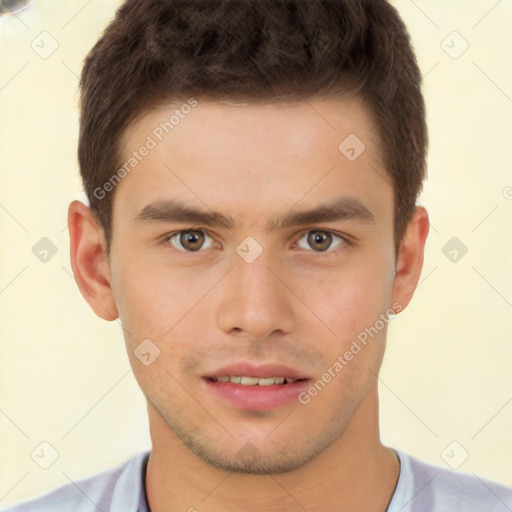 Neutral white young-adult male with short  brown hair and brown eyes