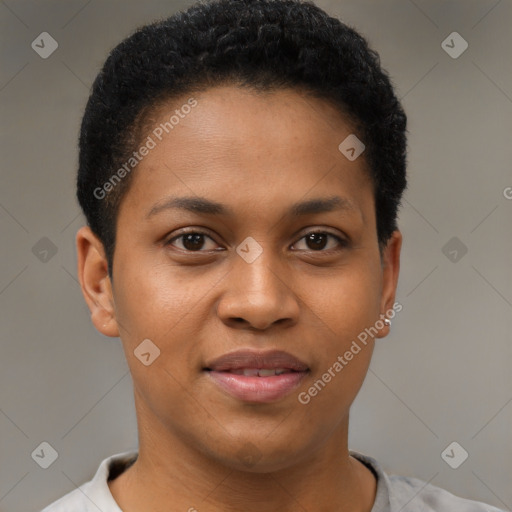 Joyful black young-adult female with short  brown hair and brown eyes