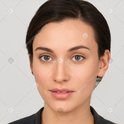 Neutral white young-adult female with medium  brown hair and brown eyes