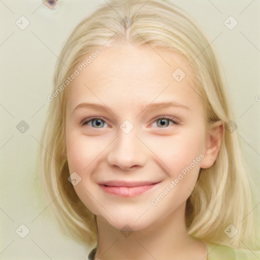 Joyful white child female with medium  brown hair and blue eyes