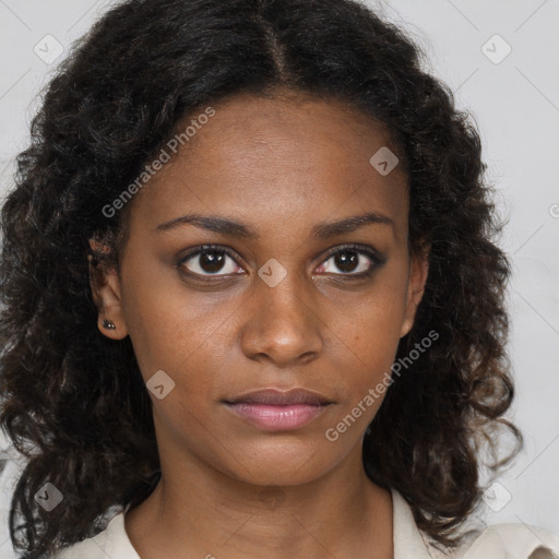 Neutral black young-adult female with medium  brown hair and brown eyes