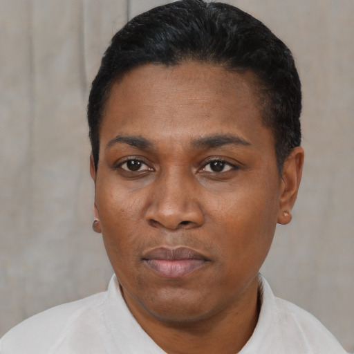 Neutral black young-adult female with short  black hair and brown eyes