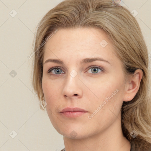 Neutral white young-adult female with long  brown hair and grey eyes