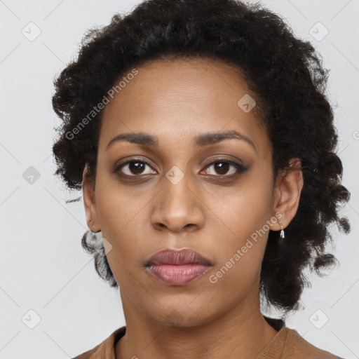 Neutral black young-adult female with short  black hair and brown eyes