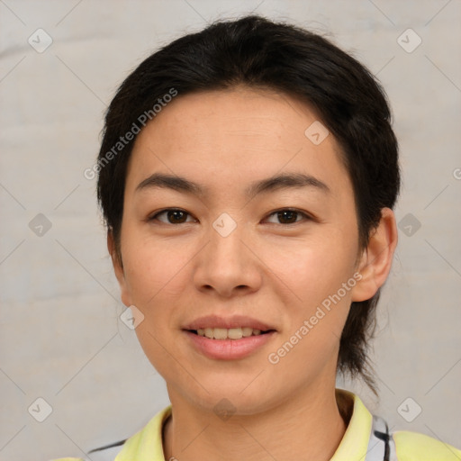 Joyful latino young-adult female with medium  brown hair and brown eyes