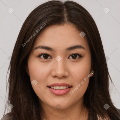 Joyful white young-adult female with long  brown hair and brown eyes