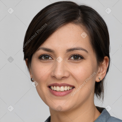 Joyful white young-adult female with medium  brown hair and brown eyes