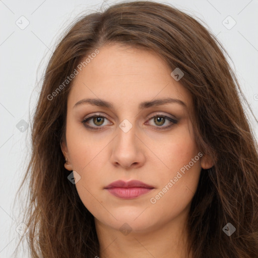 Neutral white young-adult female with long  brown hair and brown eyes