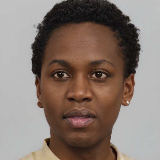 Neutral black young-adult female with short  black hair and brown eyes